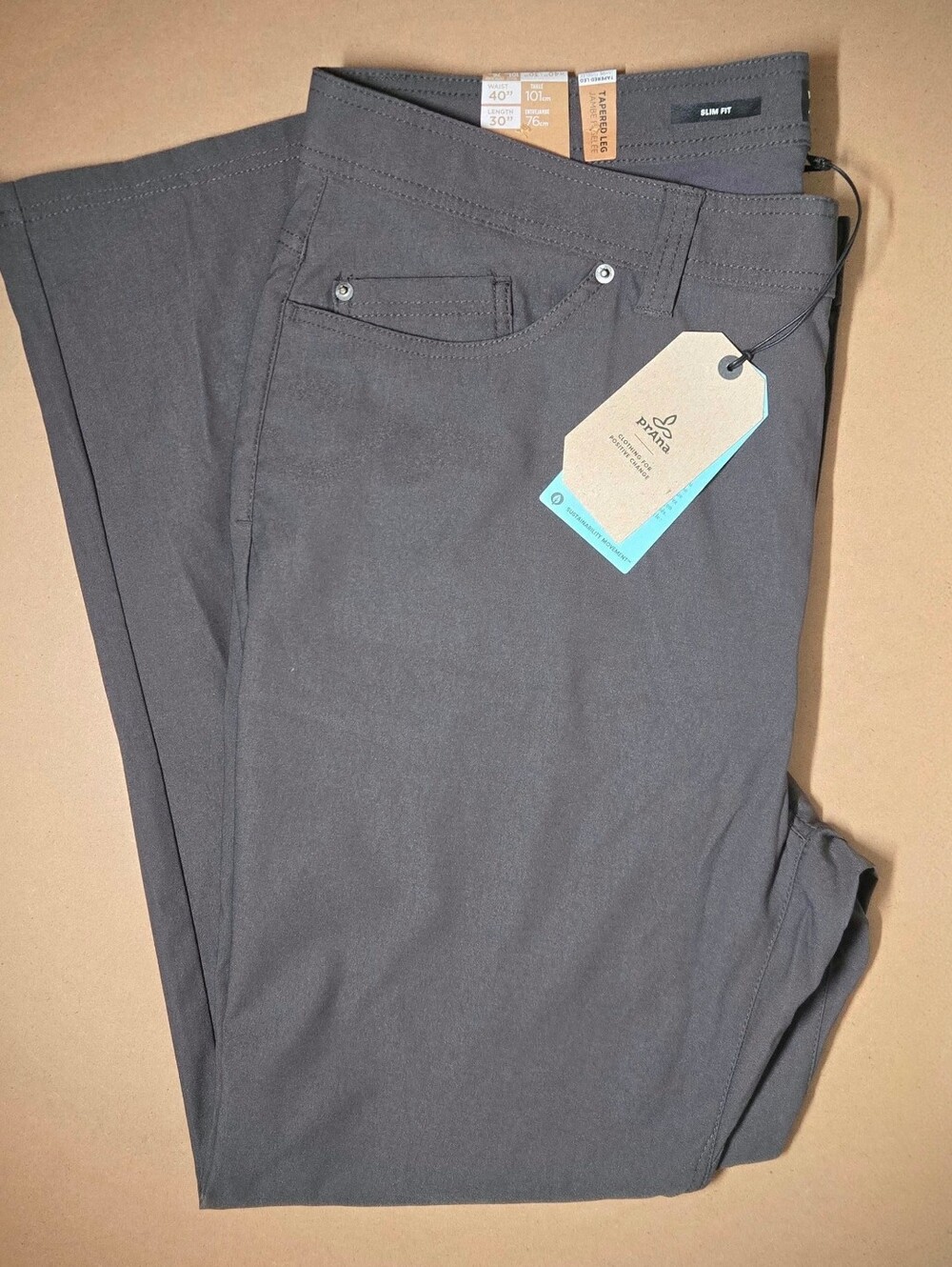 NEW Prana Brion II Pants 40 X 30 Stretch Slim Fit Tapered Gray Hiking Chino Pant